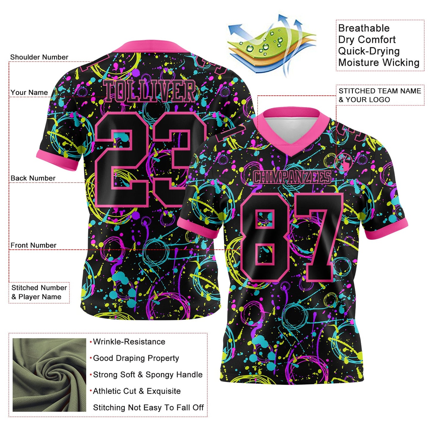 Custom Graffiti Pattern Black-Pink 3D Pattern Neon Splash Mesh Authentic Football Jersey - Sky-Custom