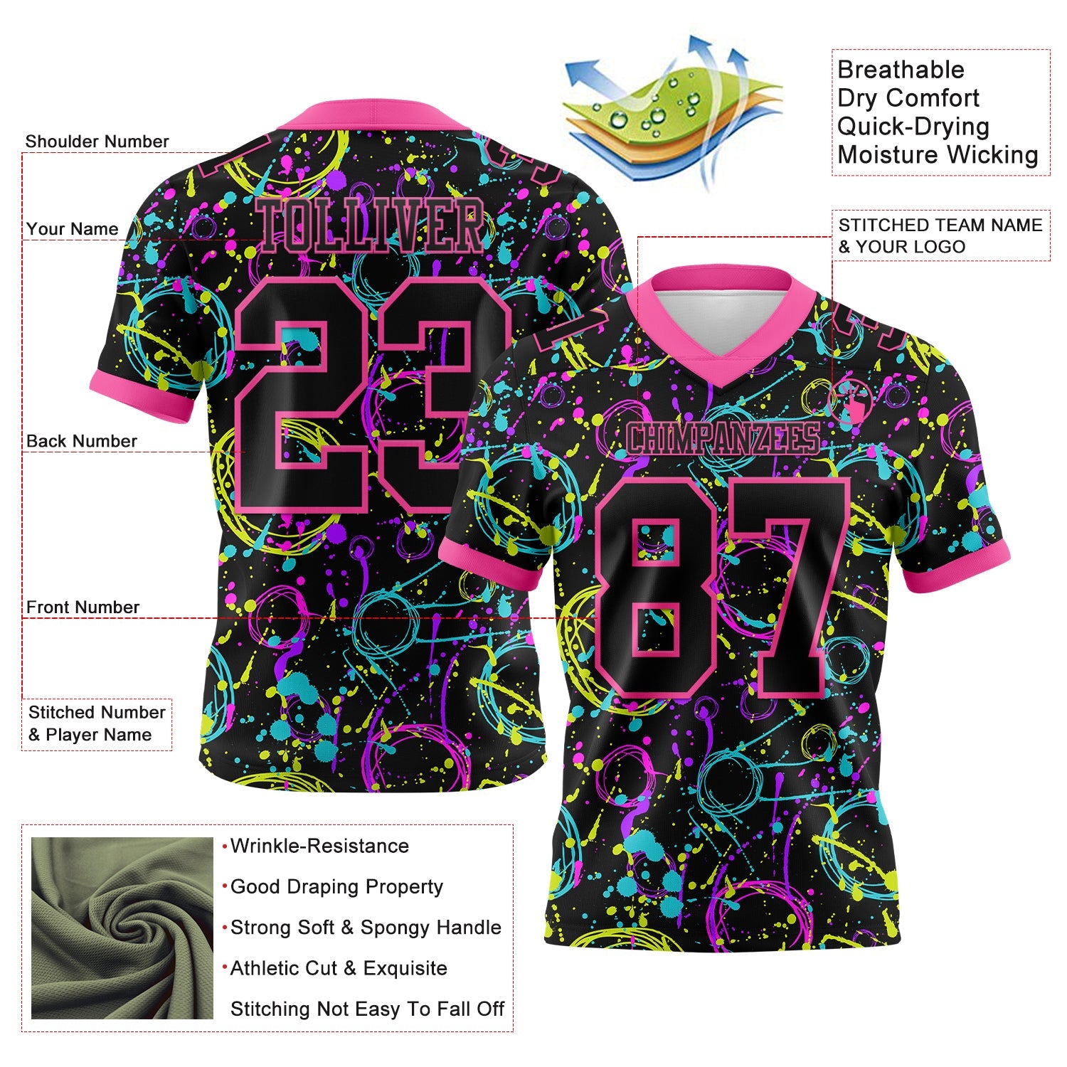 Custom Graffiti Pattern Black-Pink 3D Pattern Neon Splash Mesh Authentic Football Jersey - Sky-Custom