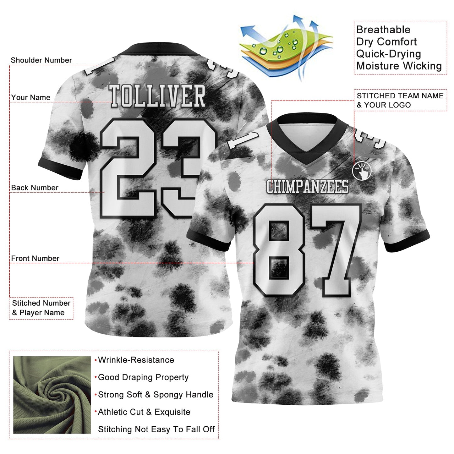 Custom Tie Dye White-Black 3D Pattern Mesh Authentic Football Jersey - Sky-Custom
