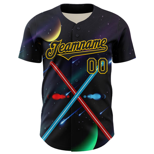 Custom Black Yellow 3D Pattern Design Outer Space Light Swords Authentic Baseball Jersey - Sky-Custom