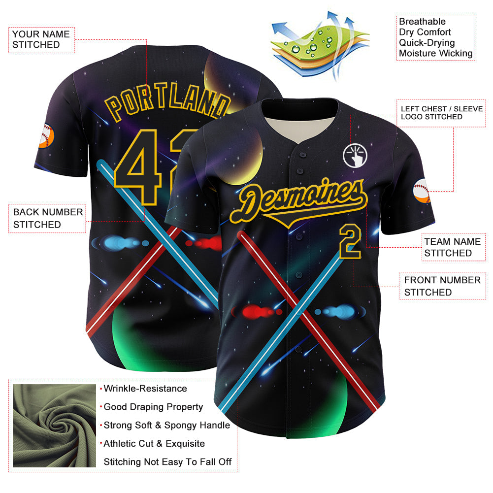 Custom Black Yellow 3D Pattern Design Outer Space Light Swords Authentic Baseball Jersey - Sky-Custom