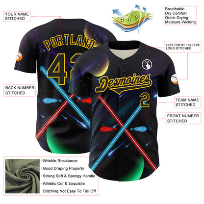 Custom Black Yellow 3D Pattern Design Outer Space Light Swords Authentic Baseball Jersey - Sky-Custom