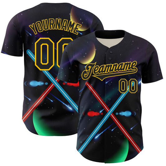 Custom Black Yellow 3D Pattern Design Outer Space Light Swords Authentic Baseball Jersey - Sky-Custom