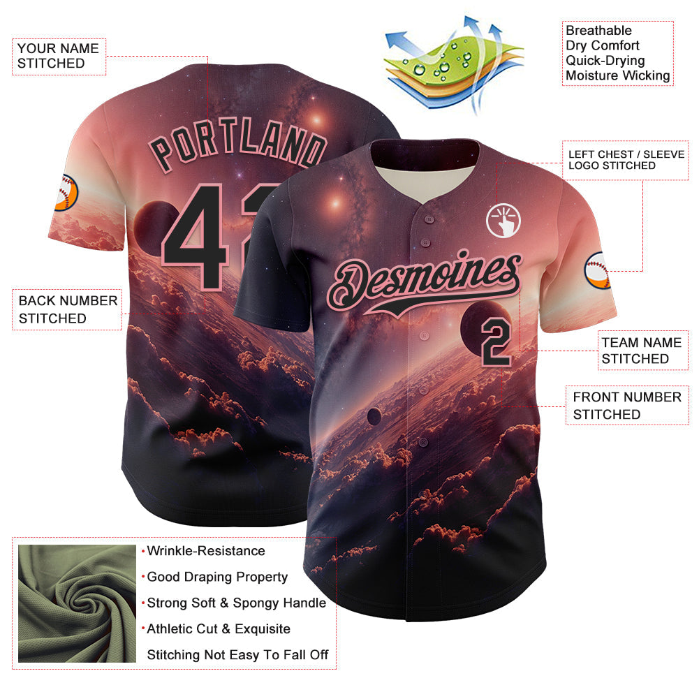 Custom Black Medium Pink 3D Pattern Design Outer Space Solar Authentic Baseball Jersey - Sky-Custom