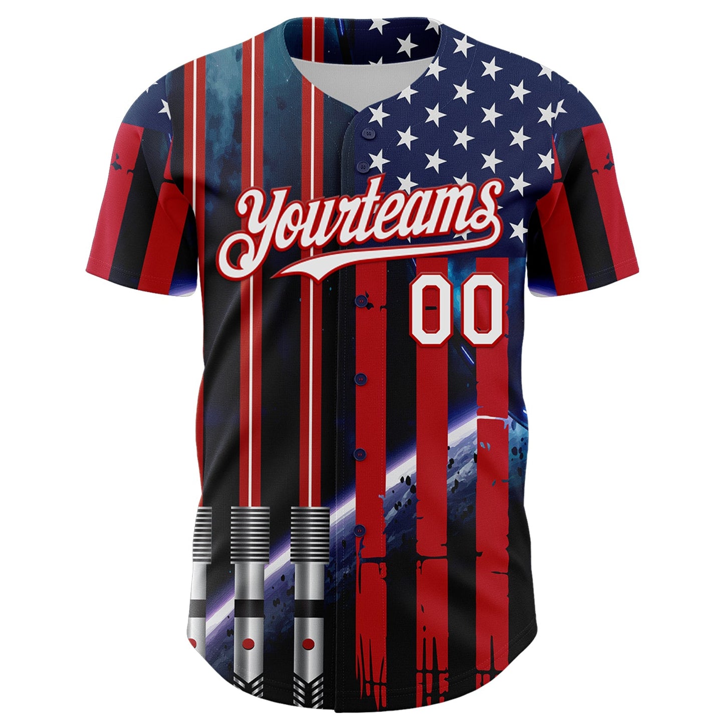 Custom Blue White-Red 3D Pattern Design American Flag Outer Space Light Swords Authentic Baseball Jersey - Sky-Custom