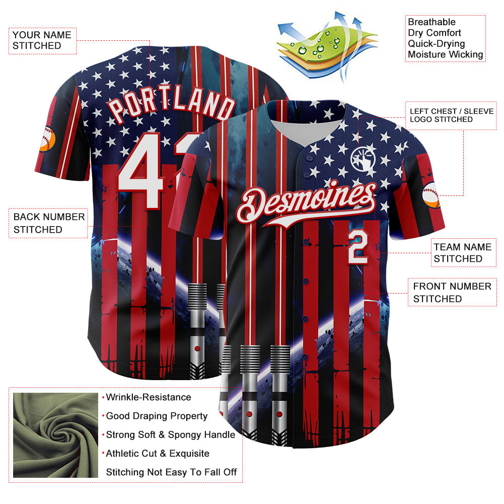 Custom Blue White-Red 3D Pattern Design American Flag Outer Space Light Swords Authentic Baseball Jersey - Sky-Custom