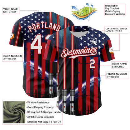 Custom Blue White-Red 3D Pattern Design American Flag Outer Space Light Swords Authentic Baseball Jersey - Sky-Custom