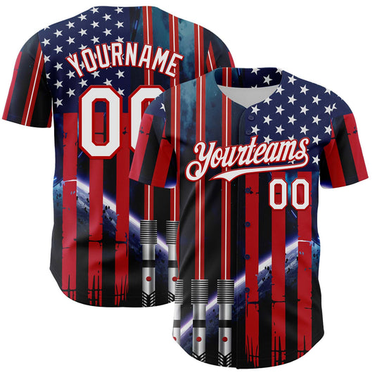 Custom Blue White-Red 3D Pattern Design American Flag Outer Space Light Swords Authentic Baseball Jersey - Sky-Custom