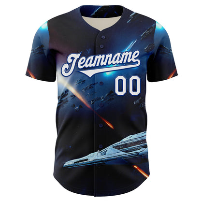 Custom Blue White-Royal 3D Pattern Design Outer Space Starships Authentic Baseball Jersey - Sky-Custom