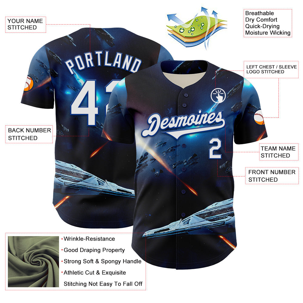 Custom Blue White-Royal 3D Pattern Design Outer Space Starships Authentic Baseball Jersey - Sky-Custom