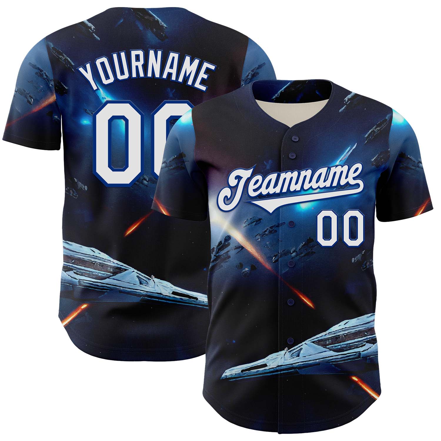 Custom Blue White-Royal 3D Pattern Design Outer Space Starships Authentic Baseball Jersey - Sky-Custom