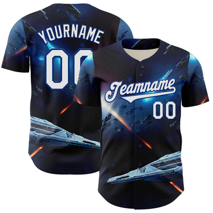 Custom Blue White-Royal 3D Pattern Design Outer Space Starships Authentic Baseball Jersey - Sky-Custom