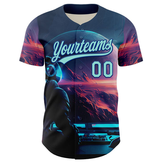 Custom Blue Ice Blue-Royal 3D Pattern Design Outer Space Starships Authentic Baseball Jersey - Sky-Custom