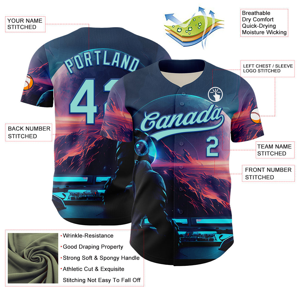 Custom Blue Ice Blue-Royal 3D Pattern Design Outer Space Starships Authentic Baseball Jersey - Sky-Custom