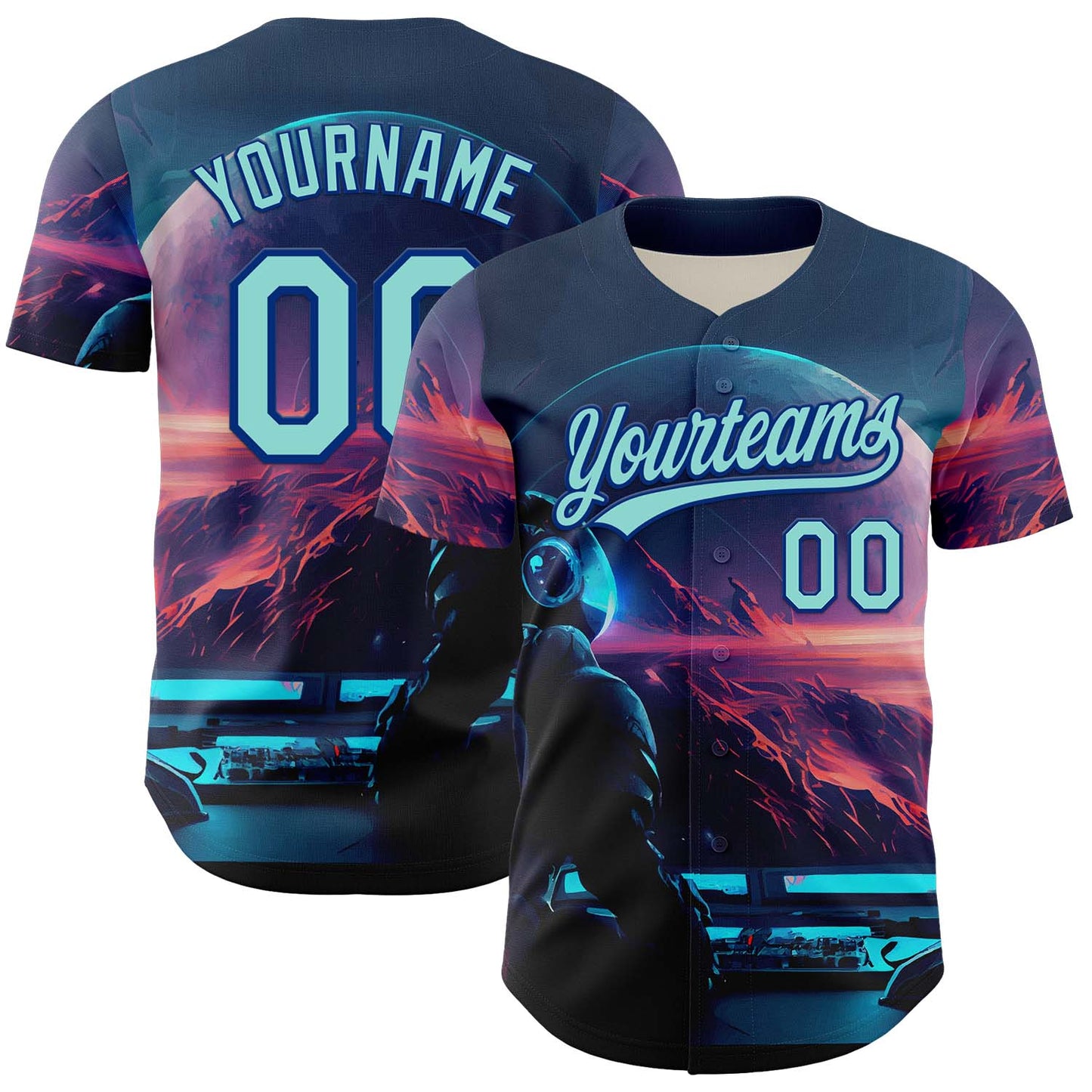 Custom Blue Ice Blue-Royal 3D Pattern Design Outer Space Starships Authentic Baseball Jersey - Sky-Custom