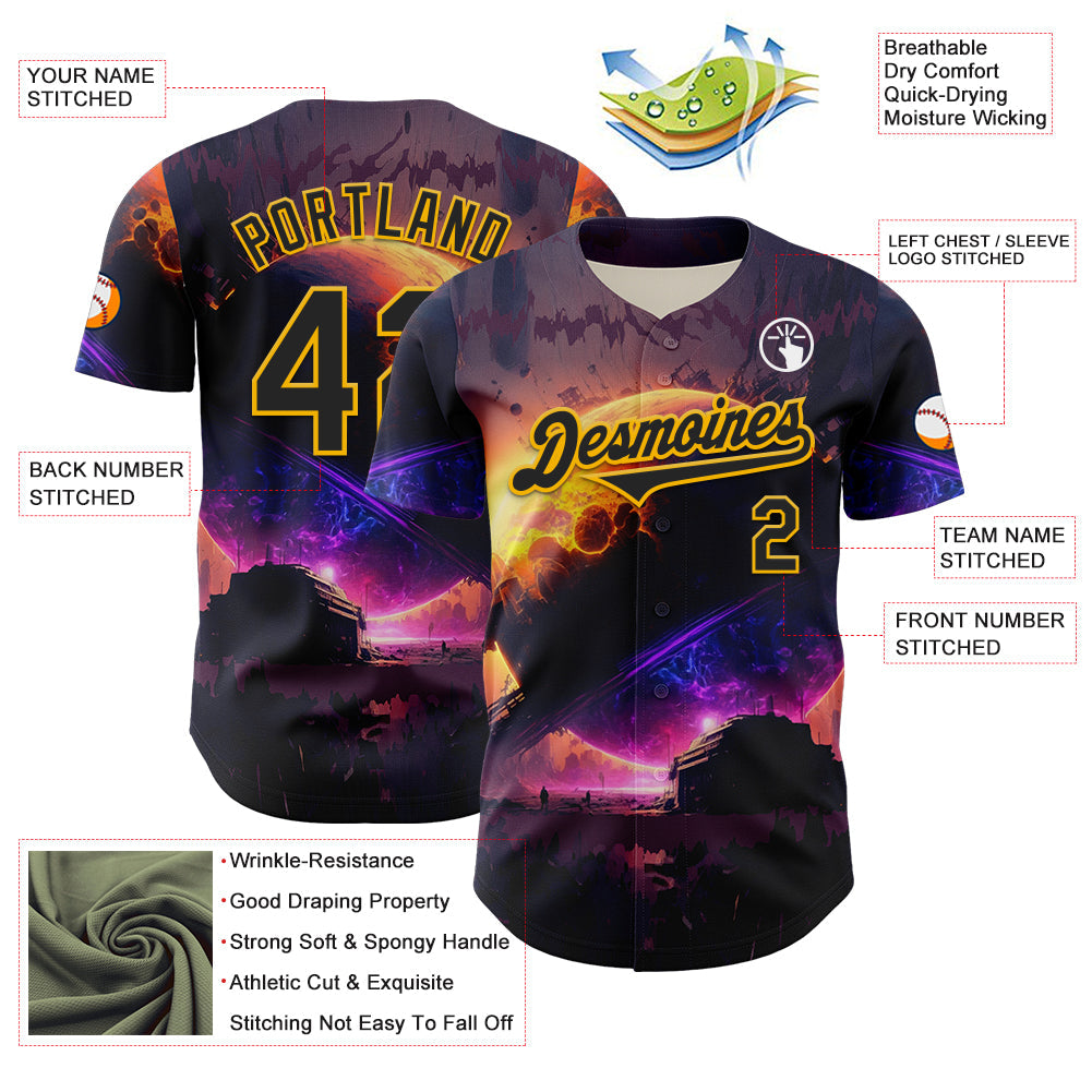 Custom Black Gold 3D Pattern Design Outer Space Solar Authentic Baseball Jersey - Sky-Custom