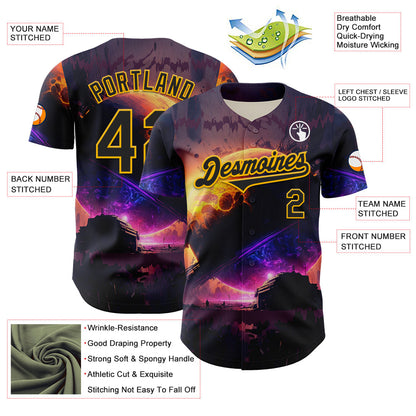 Custom Black Gold 3D Pattern Design Outer Space Solar Authentic Baseball Jersey - Sky-Custom