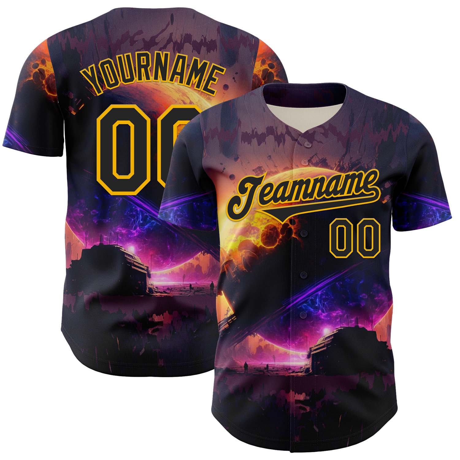 Custom Black Gold 3D Pattern Design Outer Space Solar Authentic Baseball Jersey - Sky-Custom