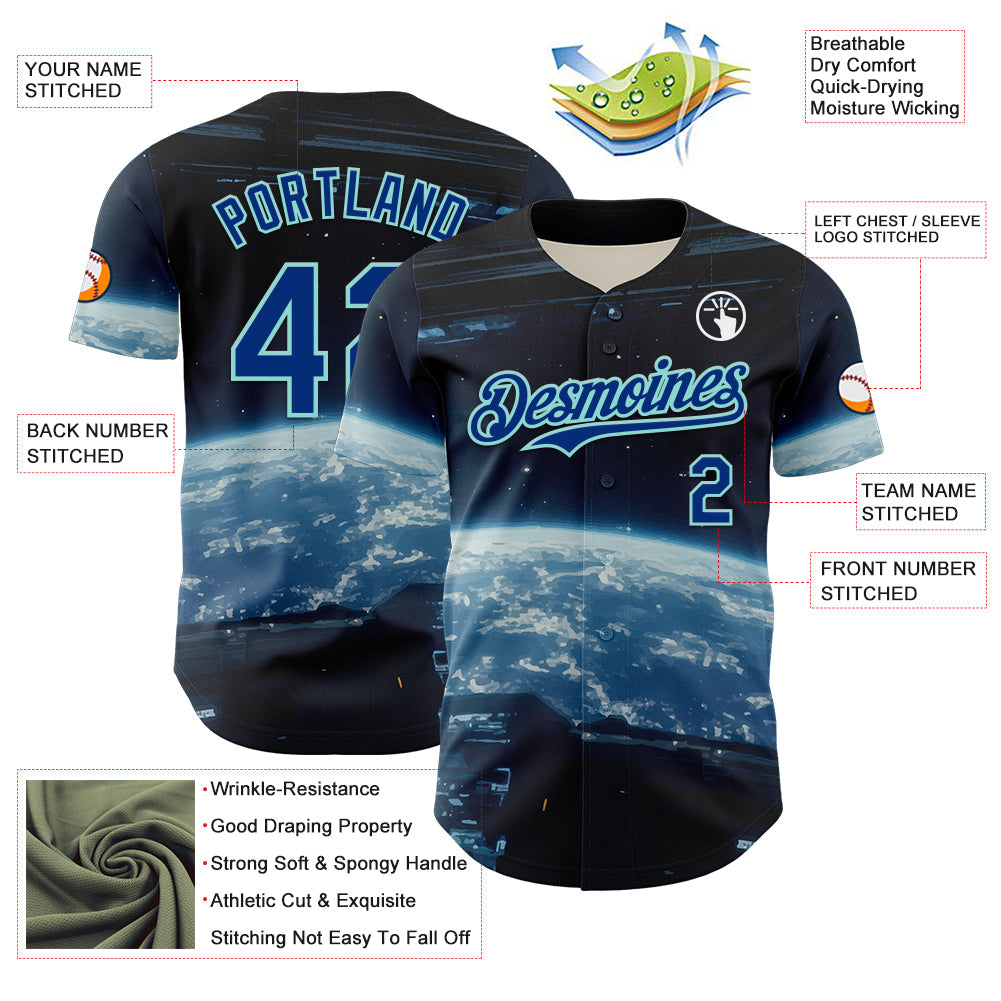 Custom Black Royal-Ice Blue 3D Pattern Design Outer Space Starships Authentic Baseball Jersey - Sky-Custom