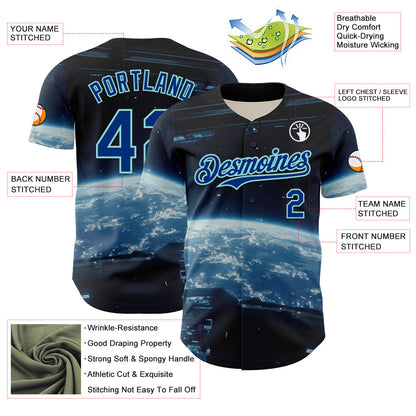 Custom Black Royal-Ice Blue 3D Pattern Design Outer Space Starships Authentic Baseball Jersey - Sky-Custom