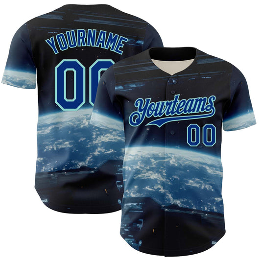 Custom Black Royal-Ice Blue 3D Pattern Design Outer Space Starships Authentic Baseball Jersey - Sky-Custom