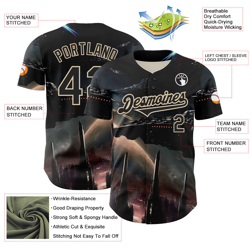 Custom Black City Cream 3D Pattern Design Outer Space Starships Authentic Baseball Jersey - Sky-Custom