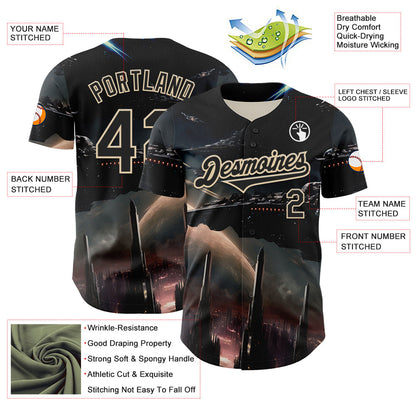Custom Black City Cream 3D Pattern Design Outer Space Starships Authentic Baseball Jersey - Sky-Custom