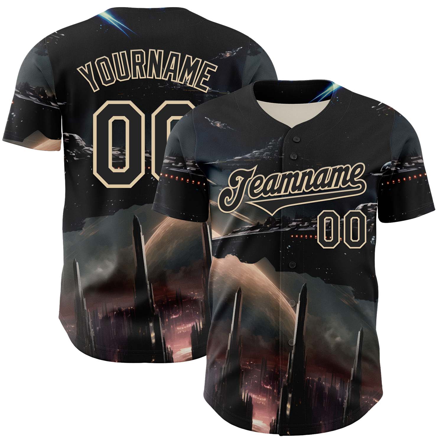 Custom Black City Cream 3D Pattern Design Outer Space Starships Authentic Baseball Jersey - Sky-Custom