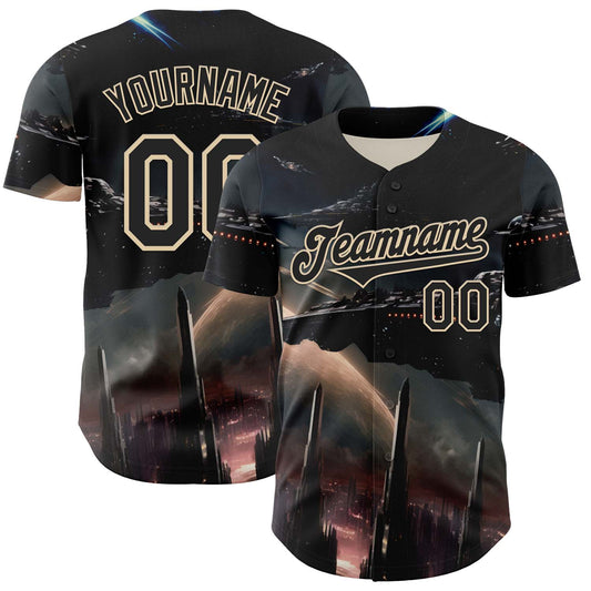 Custom Black City Cream 3D Pattern Design Outer Space Starships Authentic Baseball Jersey - Sky-Custom