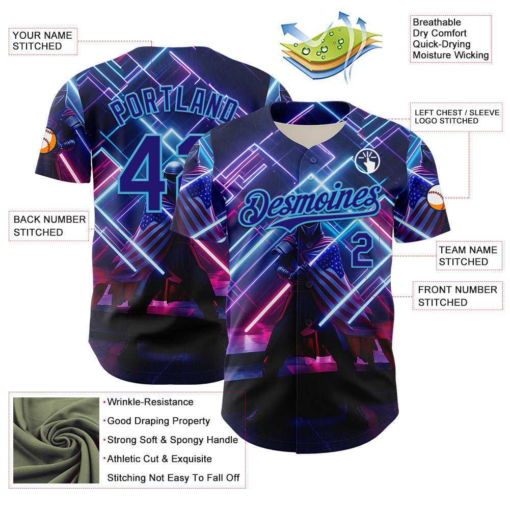 Custom Blue Dark Purple-Sky Blue 3D Pattern Design Outer Space Light Swords American Flag Authentic Baseball Jersey - Sky-Custom