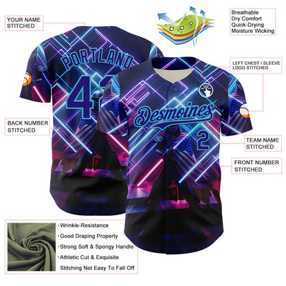 Custom Blue Dark Purple-Sky Blue 3D Pattern Design Outer Space Light Swords American Flag Authentic Baseball Jersey - Sky-Custom