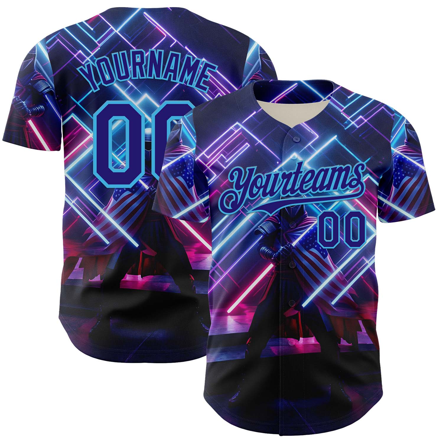 Custom Blue Dark Purple-Sky Blue 3D Pattern Design Outer Space Light Swords American Flag Authentic Baseball Jersey - Sky-Custom