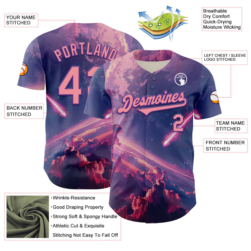 Custom Purple Medium Pink 3D Pattern Design Outer Space Authentic Baseball Jersey - Sky-Custom