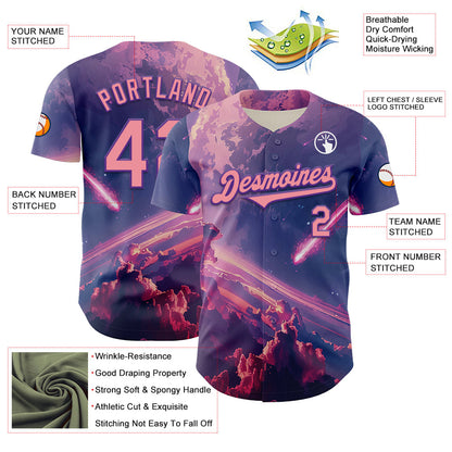 Custom Purple Medium Pink 3D Pattern Design Outer Space Authentic Baseball Jersey - Sky-Custom