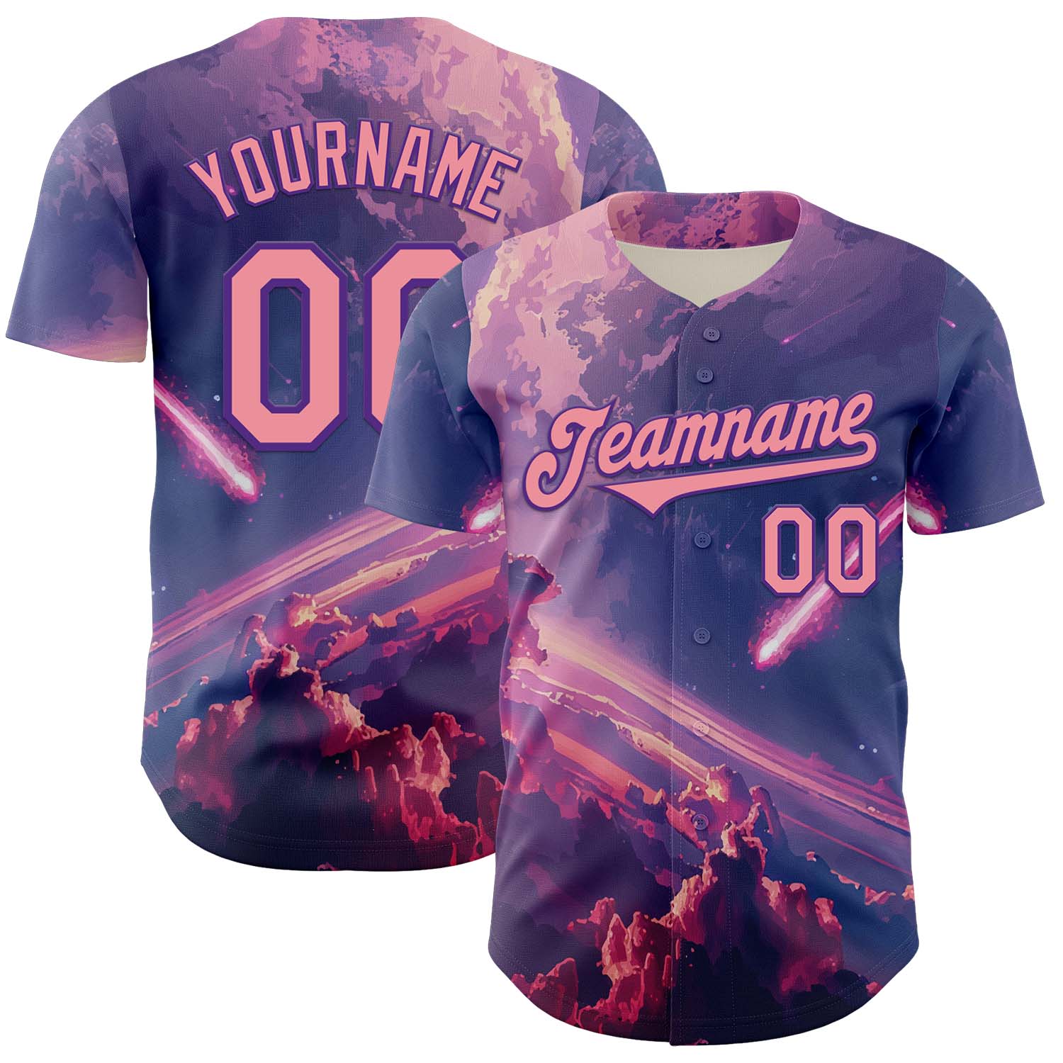 Custom Purple Medium Pink 3D Pattern Design Outer Space Authentic Baseball Jersey - Sky-Custom