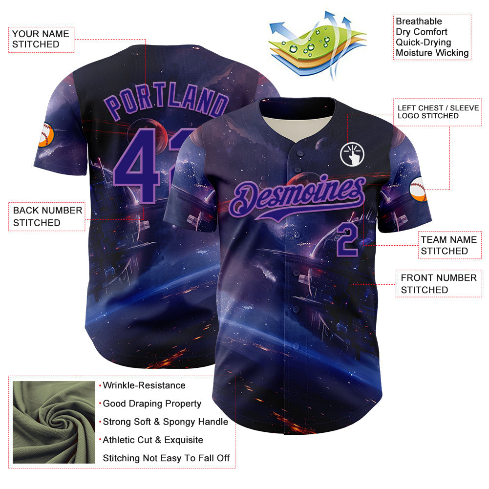 Custom Blue Dark Purple-Medium Purple 3D Pattern Design Outer Space Starships Authentic Baseball Jersey - Sky-Custom