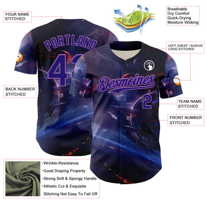 Custom Blue Dark Purple-Medium Purple 3D Pattern Design Outer Space Starships Authentic Baseball Jersey - Sky-Custom