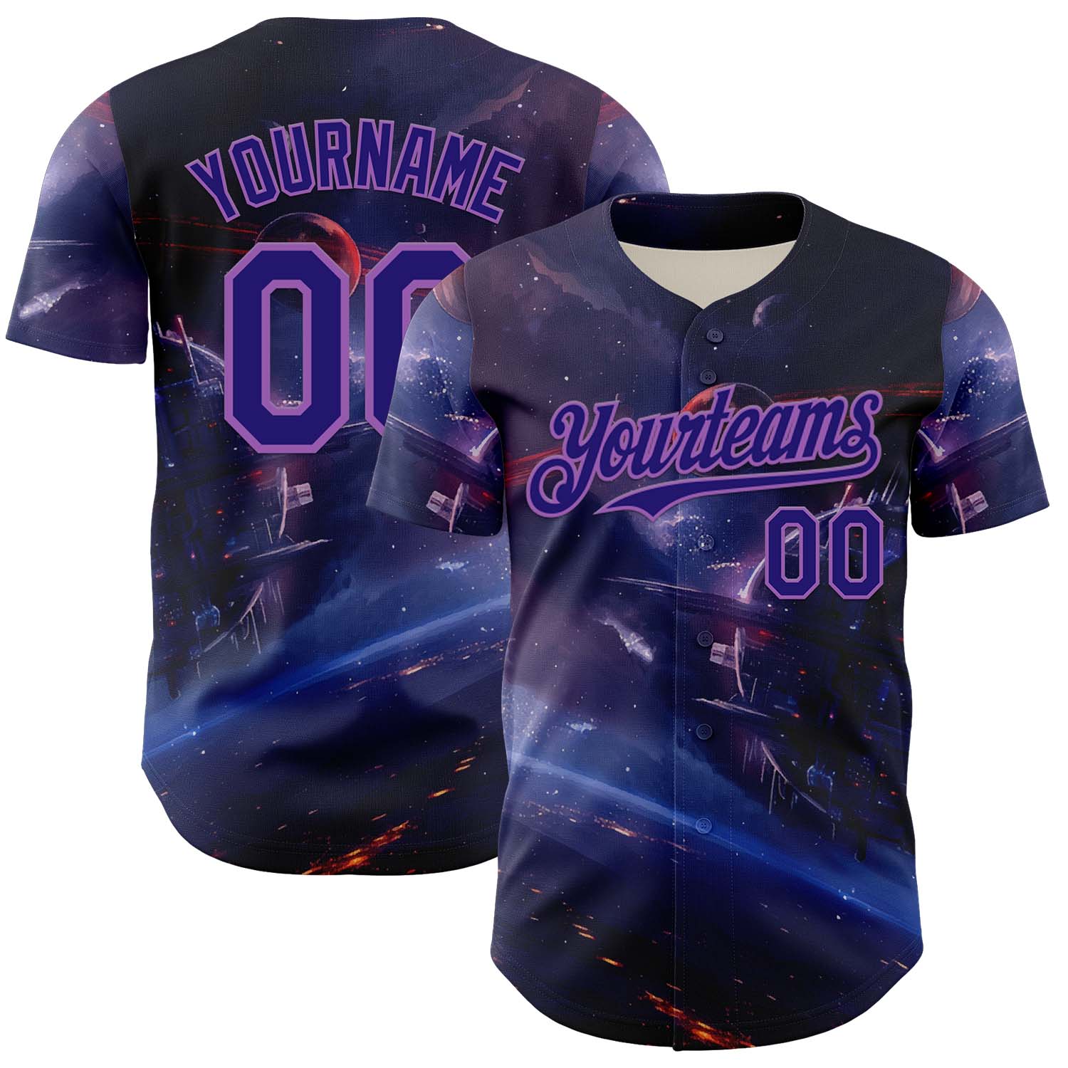 Custom Blue Dark Purple-Medium Purple 3D Pattern Design Outer Space Starships Authentic Baseball Jersey - Sky-Custom