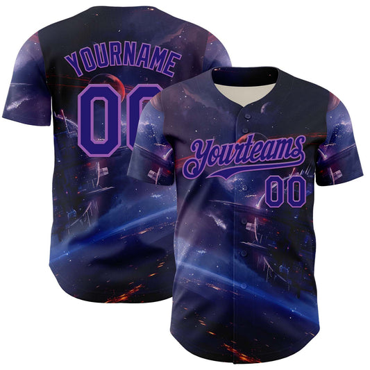 Custom Blue Dark Purple-Medium Purple 3D Pattern Design Outer Space Starships Authentic Baseball Jersey - Sky-Custom