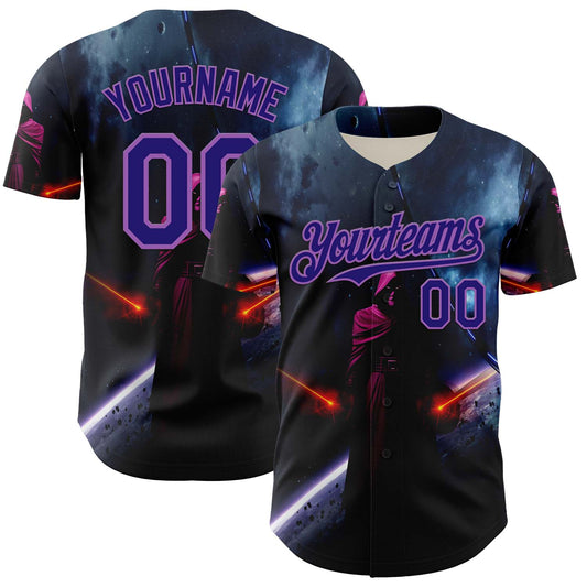 Custom Black Dark Purple-Medium Purple 3D Pattern Design Outer Space Light Swords Authentic Baseball Jersey - Sky-Custom