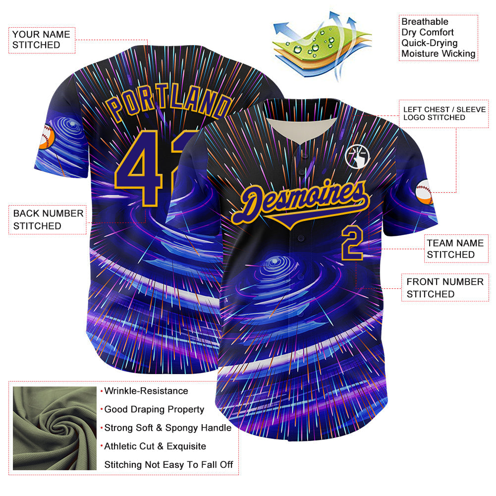 Custom Blue Dark Purple-Gold 3D Pattern Design Outer Space Time Travel Authentic Baseball Jersey - Sky-Custom