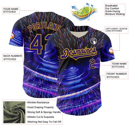 Custom Blue Dark Purple-Gold 3D Pattern Design Outer Space Time Travel Authentic Baseball Jersey - Sky-Custom