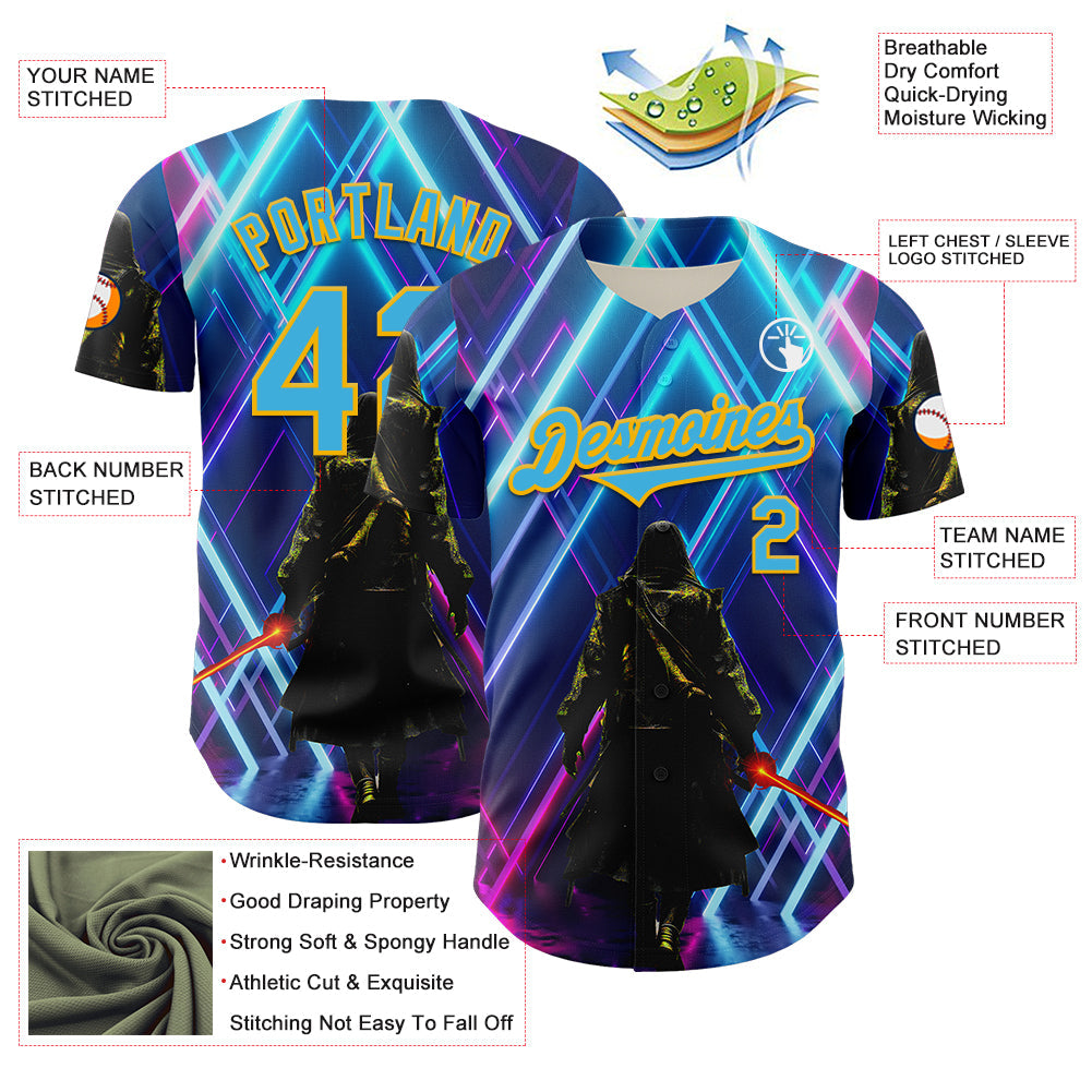 Custom Blue Sky Blue-Gold 3D Pattern Design Outer Space Light Swords Authentic Baseball Jersey - Sky-Custom