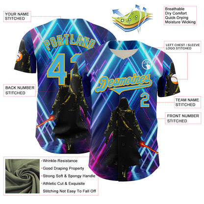 Custom Blue Sky Blue-Gold 3D Pattern Design Outer Space Light Swords Authentic Baseball Jersey - Sky-Custom