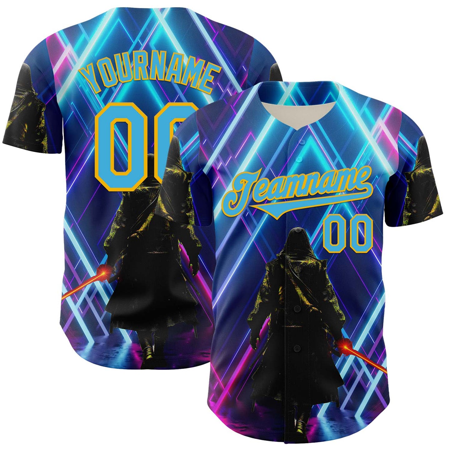 Custom Blue Sky Blue-Gold 3D Pattern Design Outer Space Light Swords Authentic Baseball Jersey - Sky-Custom