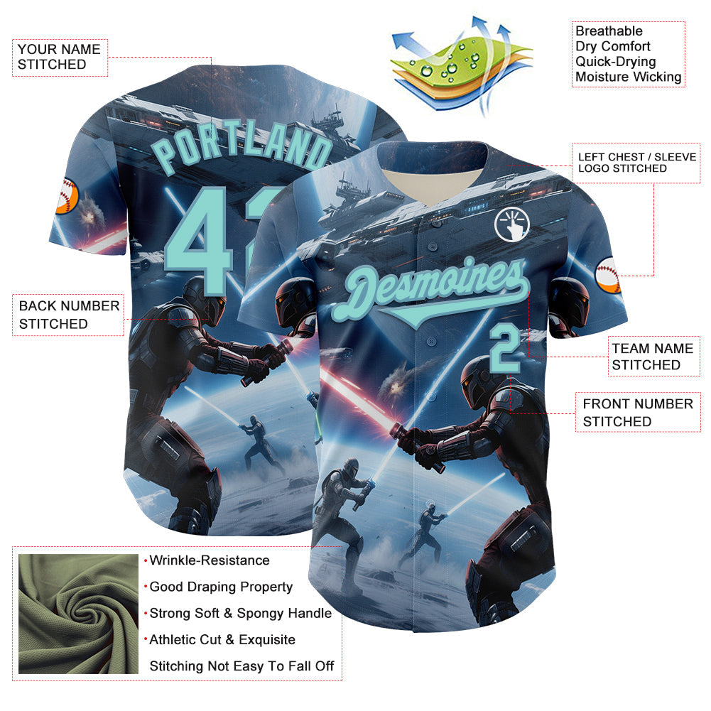 Custom Blue Ice Blue-Shadow Blue 3D Pattern Design Outer Space Light Swords Starships Authentic Baseball Jersey - Sky-Custom