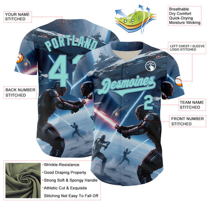 Custom Blue Ice Blue-Shadow Blue 3D Pattern Design Outer Space Light Swords Starships Authentic Baseball Jersey - Sky-Custom