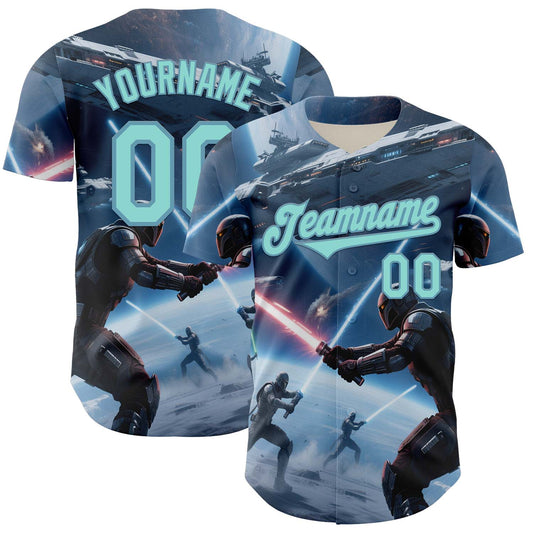 Custom Blue Ice Blue-Shadow Blue 3D Pattern Design Outer Space Light Swords Starships Authentic Baseball Jersey - Sky-Custom