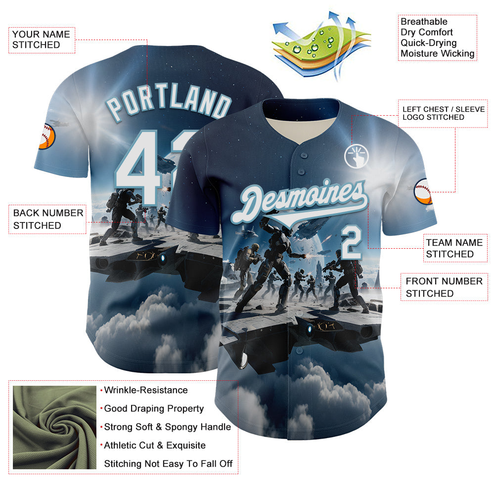 Custom Blue White-Shadow Blue 3D Pattern Design Outer Space Light Swords Authentic Baseball Jersey - Sky-Custom