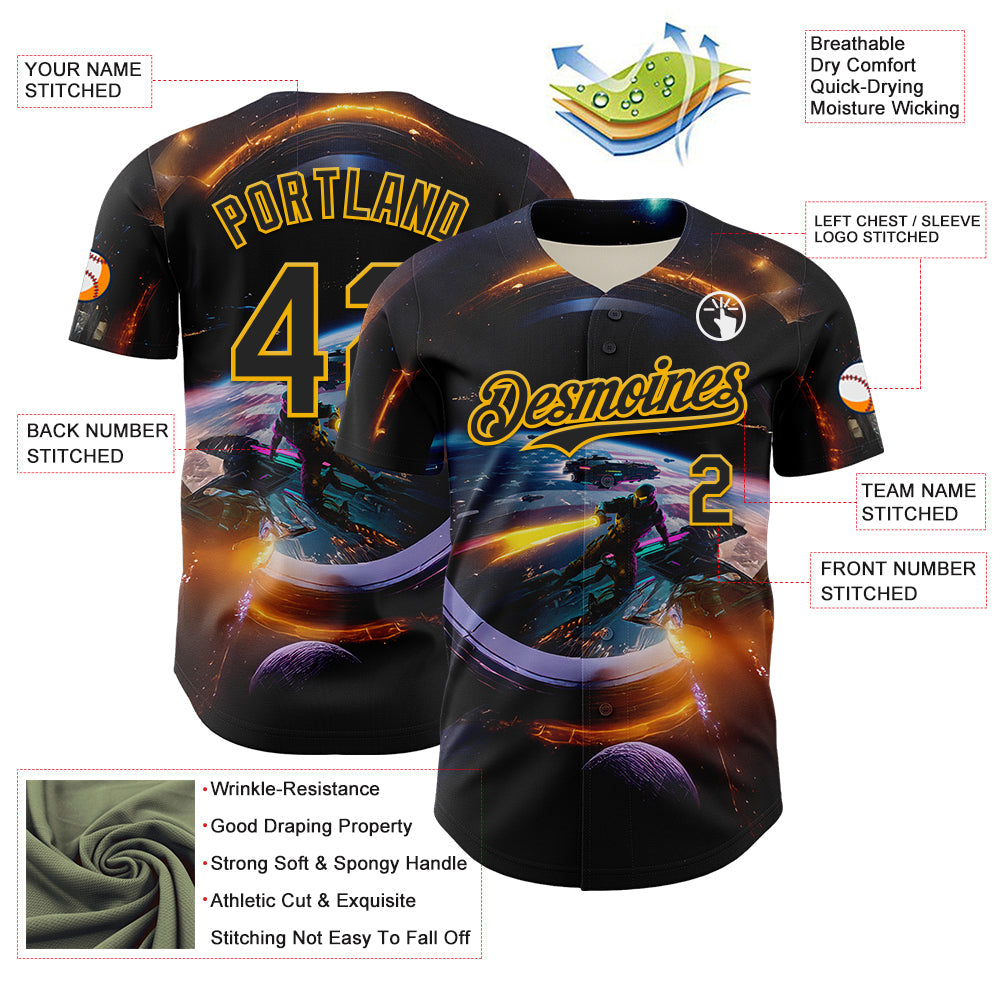 Custom Black Gold 3D Pattern Design Outer Space Light Swords Starships Authentic Baseball Jersey - Sky-Custom